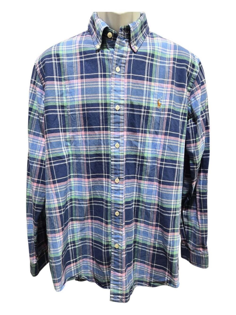 Polo Ralph Lauren Men's Blue Plaid Cotton Button-Down Oxford Shirt Size L